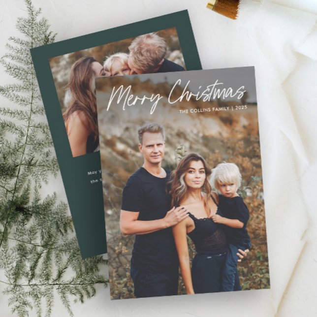 Modern Lettering Merry Christmas 2 Photo  Holiday Card (Simple Hand Lettered 2 Photo Christmas Holiday Card.)
