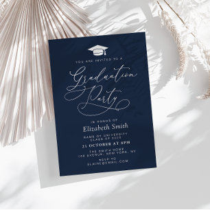 modern lettering navy blue graduation party invitation