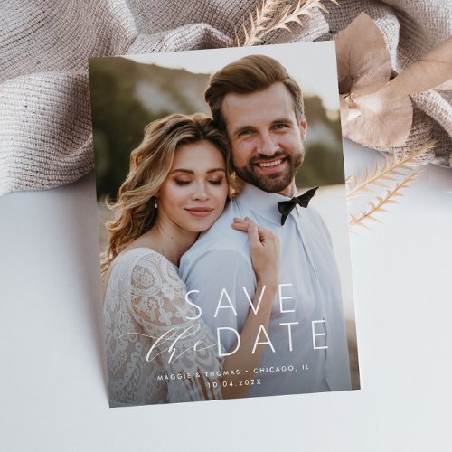 modern lettering photo save the date thank you card