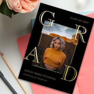 Modern Letters Grad Black Gold Photo Graduation Foil Invitation