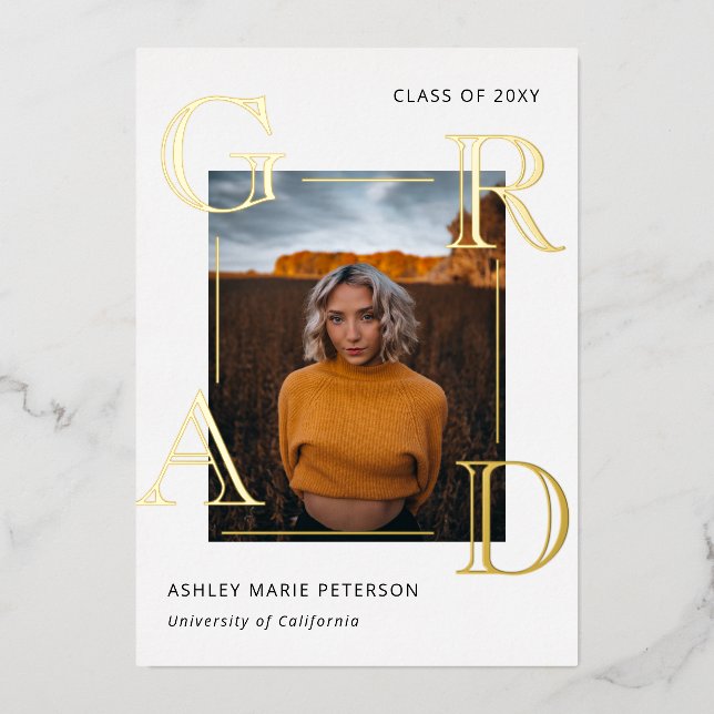 Modern Letters Grad Gold Photo Graduation Foil Invitation (Front)
