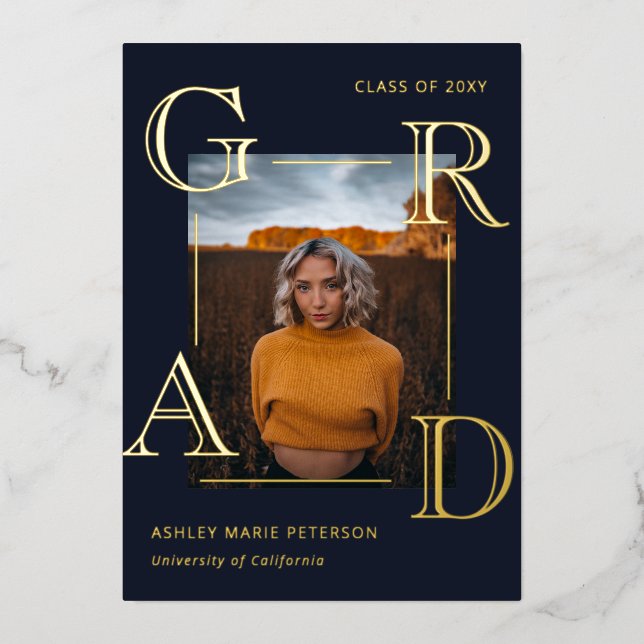 Modern Letters Grad Navy Gold Photo Graduation  Foil Invitation (Front)