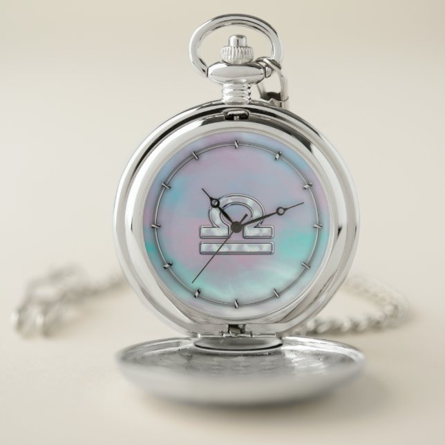 Modern Libra Zodiac Sign Mother of Pearl Style Pocket Watch (Inside)