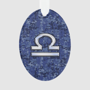 Modern Libra Zodiac Sign on blue digital camo Ornament