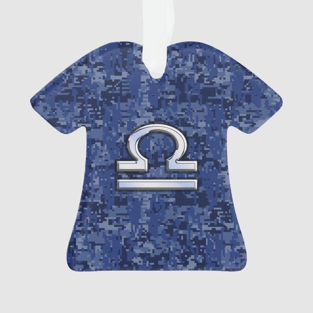 Modern Libra Zodiac Sign on blue digital camo Ornament (Front)