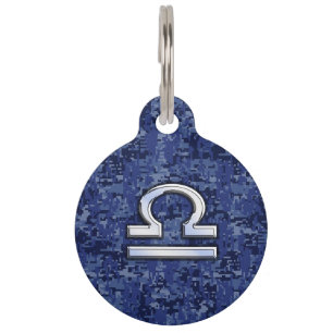 Modern Libra Zodiac Sign on blue digital camo Pet Name Tag