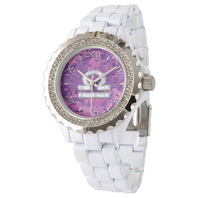 Modern Libra Zodiac Symbol on Fuchsia Camo Dial Watch (Angled)