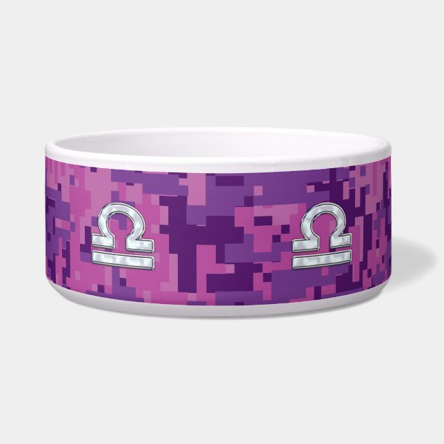 Modern Libra Zodiac Symbol on Fuchsia Digital Camo Bowl (Front)