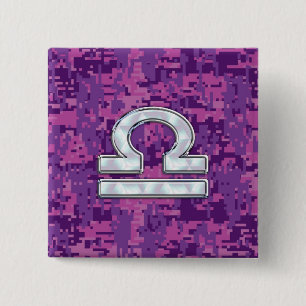 Modern Libra Zodiac Symbol on Fuchsia Digital Camo Button