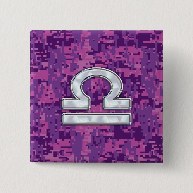 Modern Libra Zodiac Symbol on Fuchsia Digital Camo Button (Front)