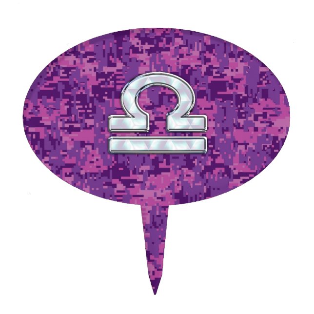 Modern Libra Zodiac Symbol on Fuchsia Digital Camo Cake Topper (Front)