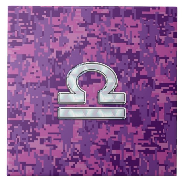 Modern Libra Zodiac Symbol on Fuchsia Digital Camo Ceramic Tile (Front)
