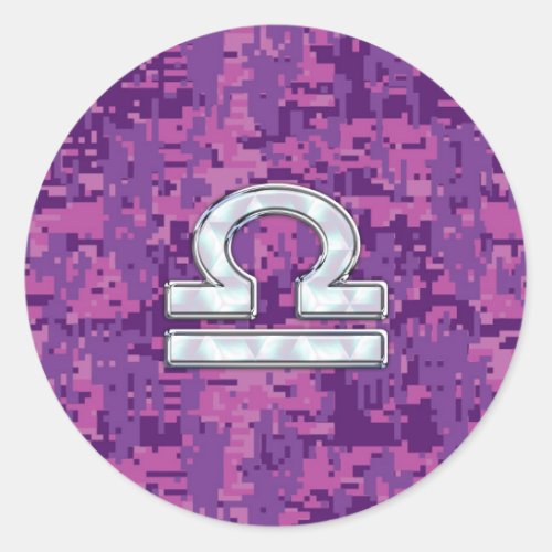 Modern Libra Zodiac Symbol on Fuchsia Digital Camo Classic Round Sticker