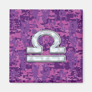 Modern Libra Zodiac Symbol on Fuchsia Digital Camo Magnet