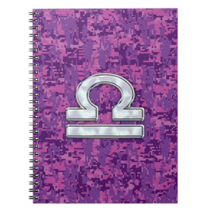 Modern Libra Zodiac Symbol on Fuchsia Digital Camo Notebook
