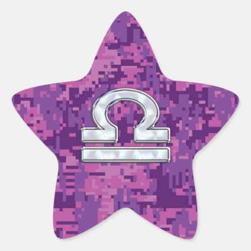 Modern Libra Zodiac Symbol on Fuchsia Digital Camo Star Sticker