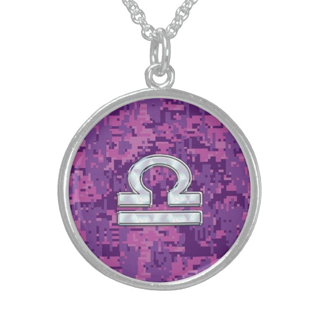 Modern Libra Zodiac Symbol on Fuchsia Digital Camo Sterling Silver Necklace (Front)