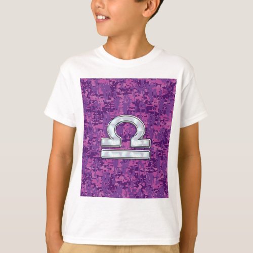 Modern Libra Zodiac Symbol on Fuchsia Digital Camo T_Shirt