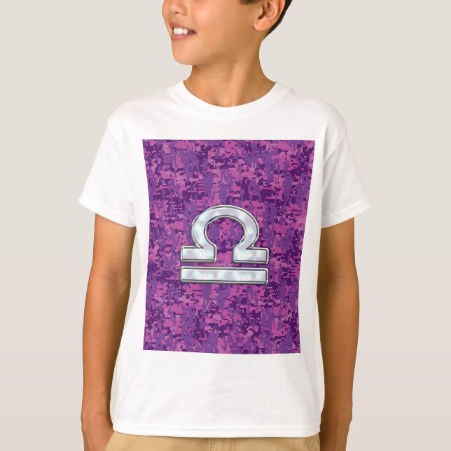 Modern Libra Zodiac Symbol on Fuchsia Digital Camo T-Shirt (Front)