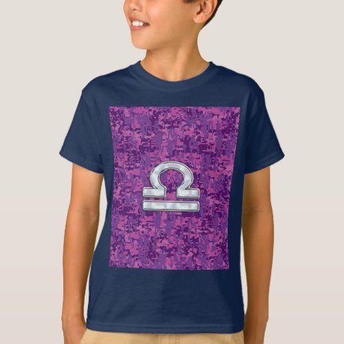 Modern Libra Zodiac Symbol on Fuchsia Digital Camo T_Shirt