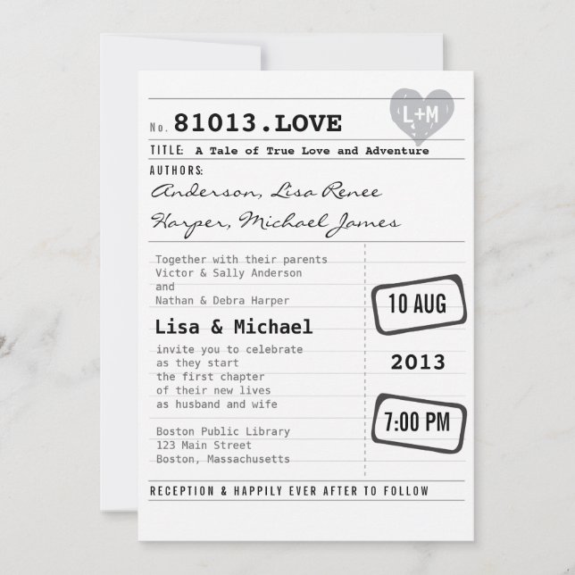Modern Library Card Wedding Invitation (Front)