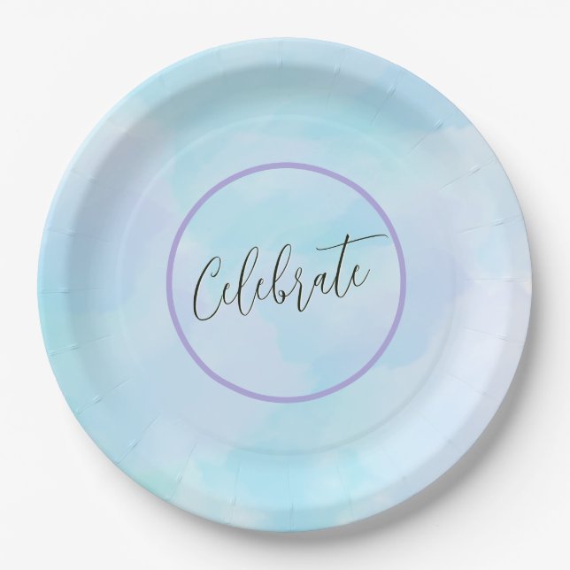 Modern Light Aqua Blue Elegant Script Celebrate Paper Plates (Front)
