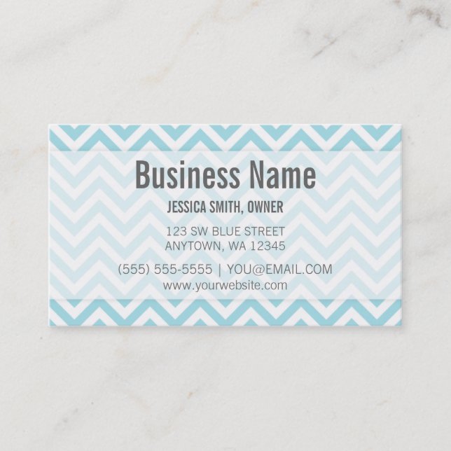 Modern Light Blue and White Chevron Pattern Business Card (Front)