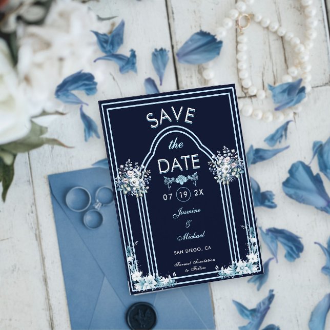 Modern Light Blue Arch Florals Navy Boho Wedding  Save The Date (Creator Uploaded)