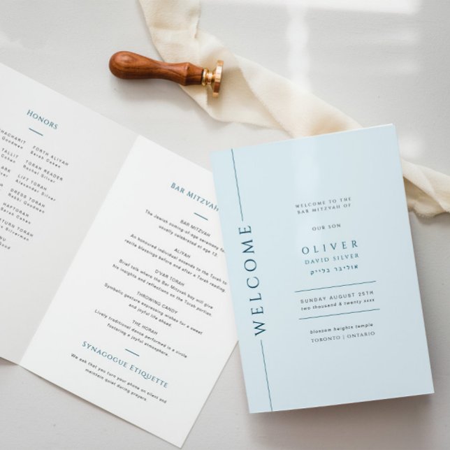 Modern Light Blue Bar Mitzvah Booklet Folded Program (Creator Uploaded)