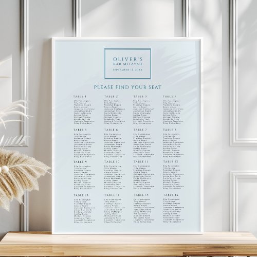Modern Light Blue Bar Mitzvah Seating Chart Poster