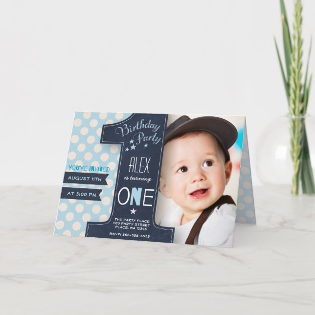 Modern light blue & black one year dots invitation (Front)