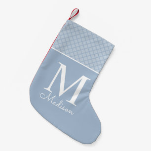 Modern light blue checkered pattern name monogram small christmas stocking