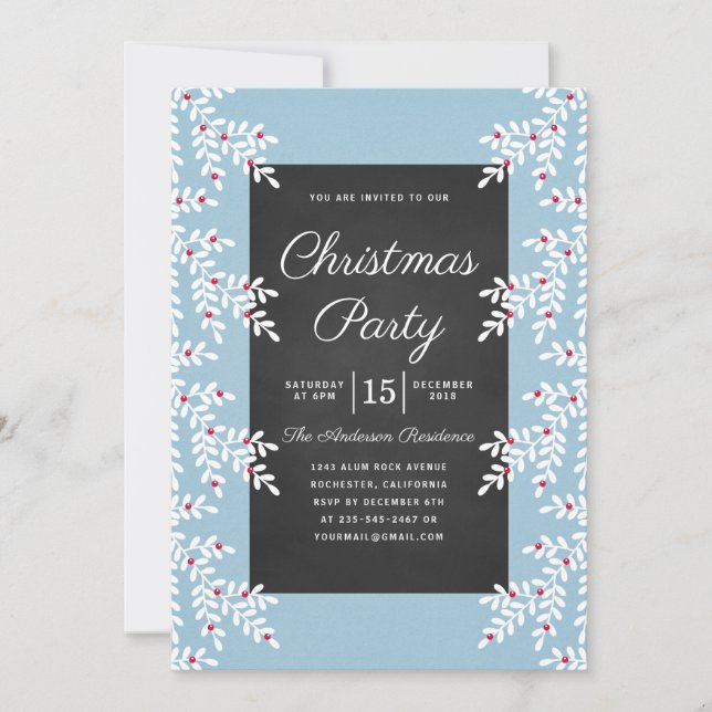 Modern Light Blue Christmas Party Chalkboard Invitation (Front)