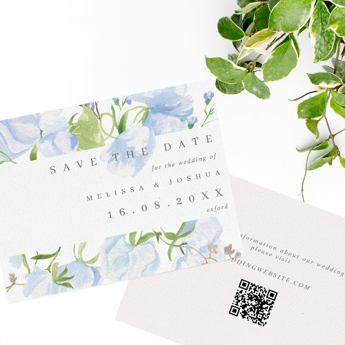 Modern Light Blue Floral QR Code Wedding Save The Date