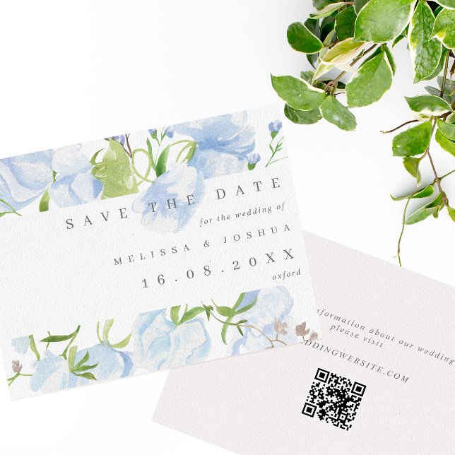 Modern Light Blue Floral QR Code Wedding Save The Date (Creator Uploaded)