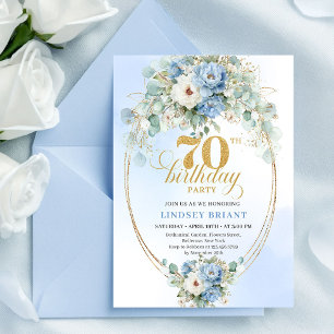 Modern Light Blue Flowers 70th Birthday Invitation