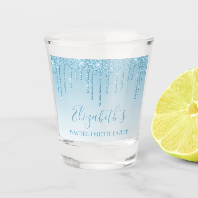 Modern Light Blue Glitter Bachelorette Party Shot Glass (Front)