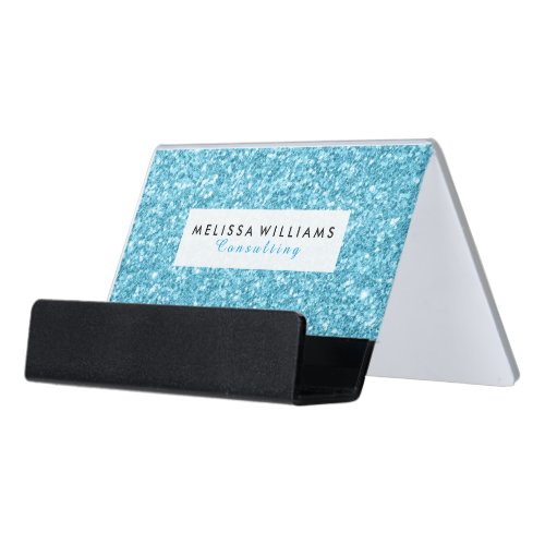Modern Light Blue Glitter Texture White Accents Desk Business Card Holder