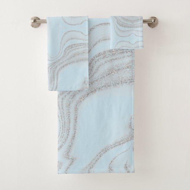 Modern light blue gray abstract marble pattern bath towel set (Insitu)