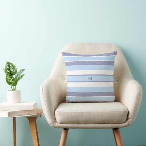 Modern light blue gray stripes monogrammed throw pillow