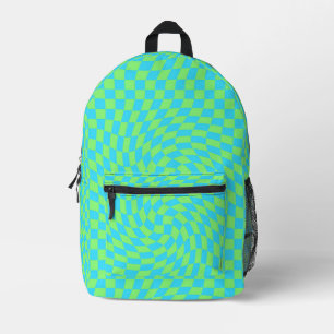 Modern Light Blue & Green Warped Checkered Pattern Printed Backpack