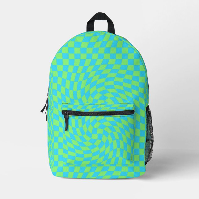 Modern Light Blue & Green Warped Checkered Pattern Printed Backpack (Front)