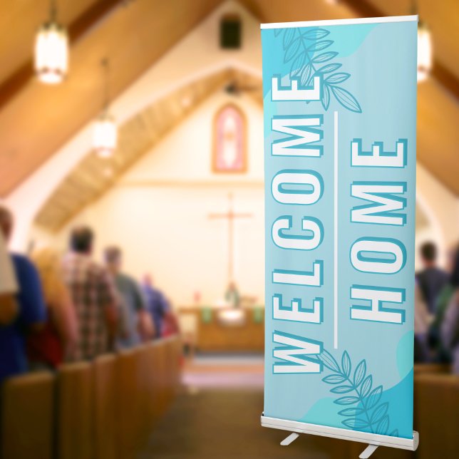 Modern Light Blue Leaves Church Welcome Home Retractable Banner (Creator Uploaded)