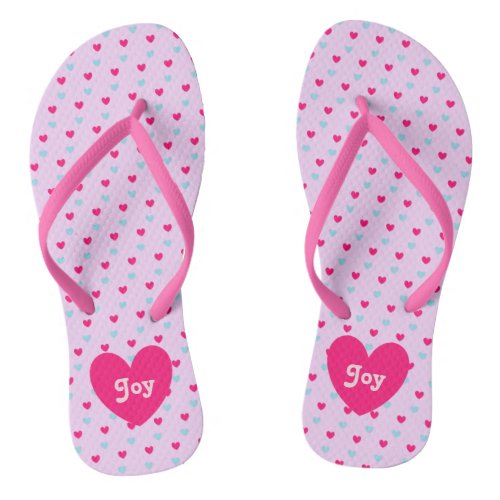 Modern Light Blue  Magenta Hearts on Violet Flip Flops