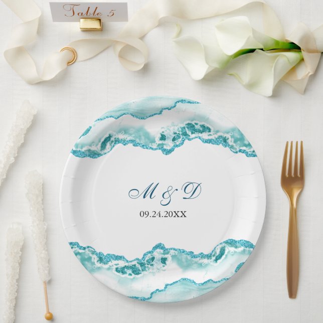 Modern Light Blue Marble Wedding Paper Plates (Wedding)