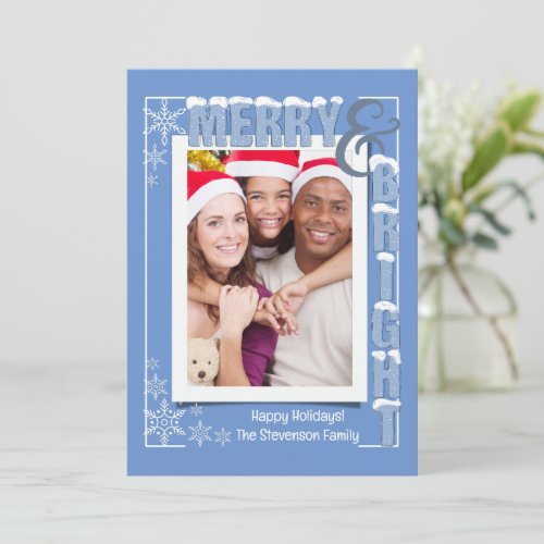 Modern Light Blue Merry  Bright Retro Typography Holiday Card