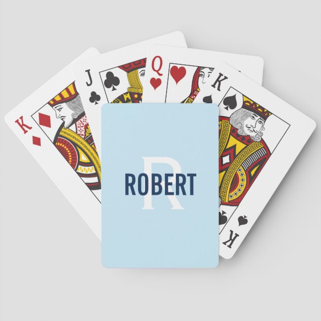 Modern light blue monogram name  poker cards (Back)