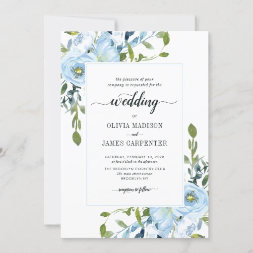 Modern Light Blue Navy Botanical Floral Wedding Invitation | Zazzle