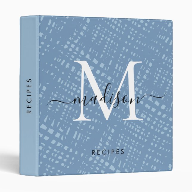 Modern Light Blue Pattern Monogram Script Name 3 Ring Binder (Front/Spine)