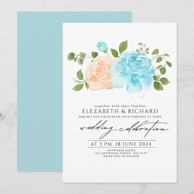 Modern Light Blue Peach  Floral Bouquet  Wedding  Invitation (Front/Back)